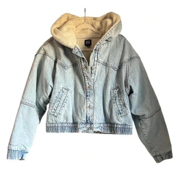 BDG Urban Outfitters Blake Denim Hooded Bomber Jacket Soft Sherpa Lining- Large - Picture 3 of 14